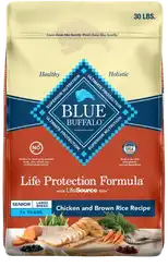 Blue Buffalo Life Protection Formula dog food for senior dogs, specifically the Chicken and Brown Rice Recipe for large breed dogs 7+ years.