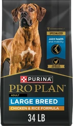 Purina Pro Plan Adult Large Breed Chicken & Rice Formula dry dog food in a 34-pound black bag with a large brown dog pictured.