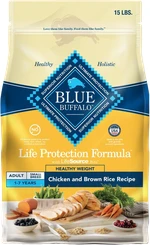 Blue Buffalo Life Protection Formula Healthy Weight Small Breed Adult chicken and brown rice dry dog food in a 15-pound bag.