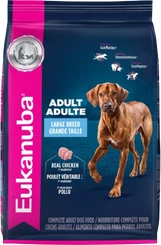 Eukanuba Adult Large Breed dry dog food with real chicken in a dark blue bag featuring a brown dog
