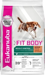 Eukanuba Fit Body Weight Control Medium Breed Chicken dry dog food bag.