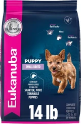 Eukanuba Small Breed Puppy dry dog food in a 14-pound bag featuring a small brown puppy on the front.