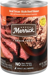 Merrick Grain Free Real Texas Beef Dinner canned dog food with beef pâté, made with 96% protein from animal sources for adult dogs