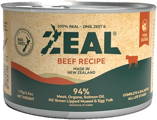 Dark green and gold Zeal can presents New Zealand beef recipe wet dog food, featuring a cattle silhouette and 94% meat-and-organ statement.