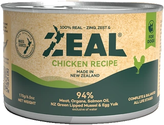 Zeal chicken recipe wet food for dogs in a gold can with green detailing, a chicken silhouette and New Zealand origin label.
