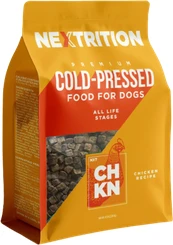 Nextrition Premium Cold-Pressed Chicken Recipe dog food bag for all life stages, suitable as a complete meal or topper
