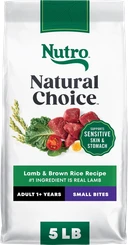 Nutro Natural Choice lamb and brown rice small-bites dry dog food for adult dogs.