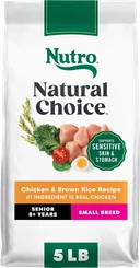 Nutro Natural Choice Senior Small Breed chicken and brown rice dry dog food for sensitive skin and stomach in a 5-pound bag.