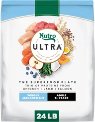 Nutro Ultra Weight Management adult dry dog food with chicken, lamb and salmon proteins in a 24-pound bag