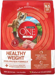 Purina ONE Plus Healthy Weight high-protein dry dog food with real turkey in a 16.5-pound bag