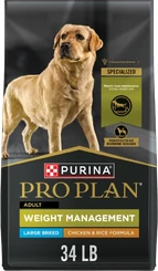 Purina Pro Plan Weight Management Large Breed Chicken and Rice Formula dry dog food in a 34-pound bag