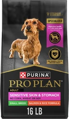 Purina Pro Plan Adult Sensitive Skin and Stomach Small Breed Salmon and Rice Formula dry dog food in a 16-pound bag