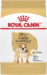Royal Canin Breed Health Nutrition Adult Bulldog dry dog food bag featuring an English Bulldog