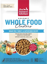 The Honest Kitchen Human Grade Grain-Free Turkey Whole Food Clusters Dry Dog Food package, shown from the front with its recipe label visible.
