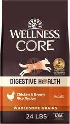 Wellness CORE Digestive Health Adult Chicken and Brown Rice Recipe dry dog food in a 24-pound bag