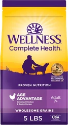 Wellness Complete Health Age Advantage adult 7+ dry dog food with deboned chicken and barley in a 5-pound bag