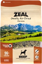 Zeal Gently Air-Dried Beef dog food bag featuring a grain-free recipe made with 96% pure meat and organs.